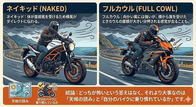 画像で以下の説明をしている　🏍 車種別の特徴
ネイキッド：体が直接風を受けるため横風がダイレクトに伝わる。

フルカウル：向かい風には強いが、横から風を受けたときカウルの面積が大きい分押される感覚が出ることも。

結論：どっちが怖いという答えはなく、それより大事なのは「天候の読み」と「自分のバイクに乗り慣れているか」です。