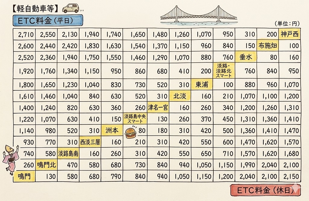 神戸西から鳴門までの料金表